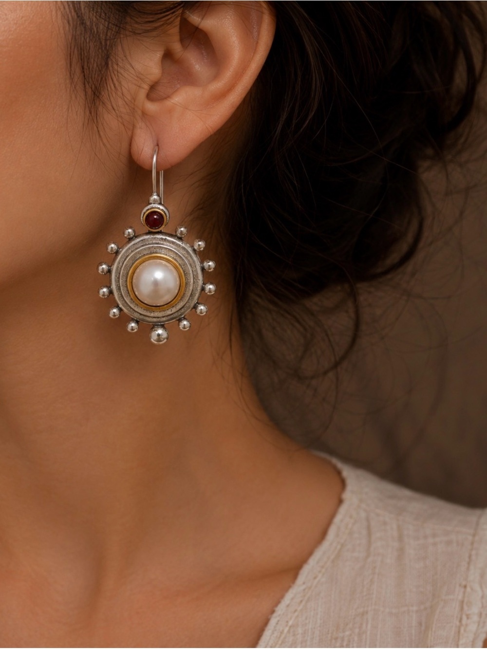 Vintage Baroque Pearl Drop Earrings Two-Tone Antique Silver Boho Statement